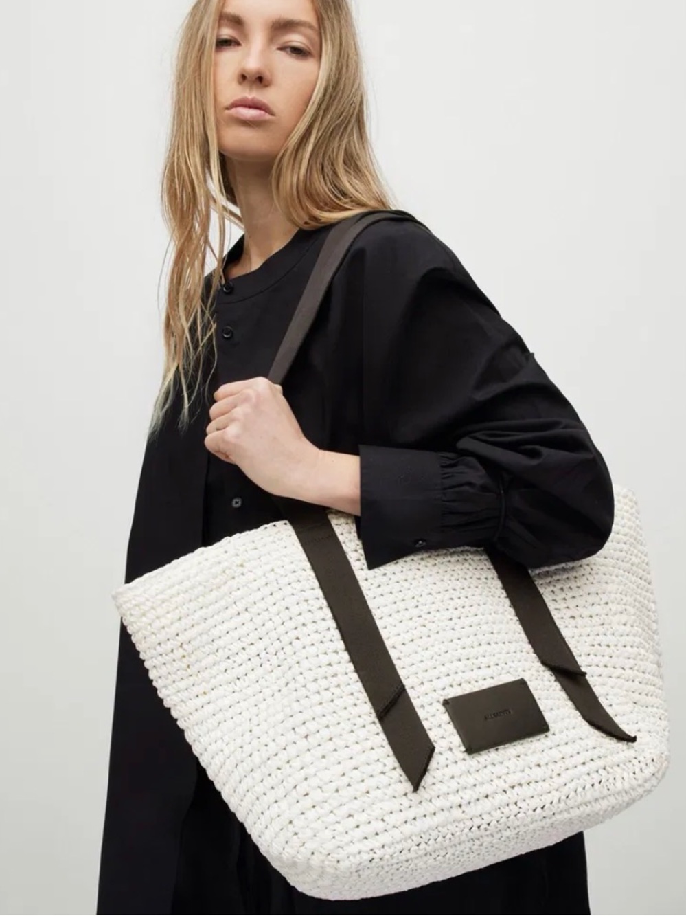 All Saints Jacqueline Woven Straw Tote Bag in White with Black Straps